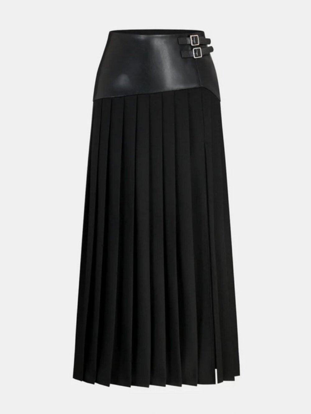 Commense  Buckle Detail Faux Leather Panel Pleated Midi Skirt